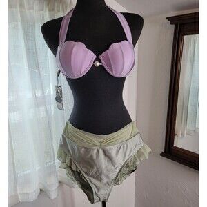 Retro Stage Mermaid Shell Bikini Set Lavender Scalloped Pearl Halter XL 1970s